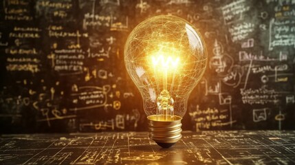A glowing light bulb illuminates a chalkboard filled with mathematical equations and scientific formulas.