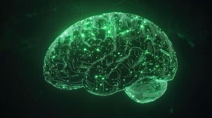 Luminous brain with green cyber circuits in the matrix