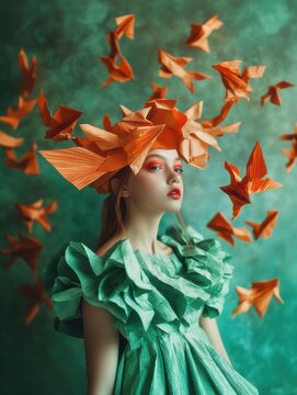 A surreal fashion portrait of a woman wearing an origami fish headpiece, with matching fish sculptures floating around her.
