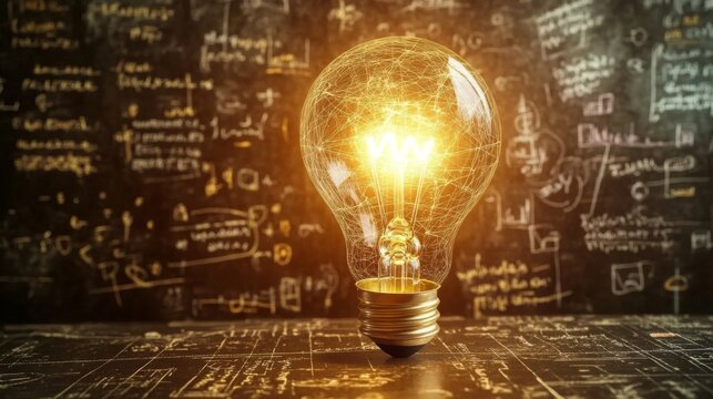 A glowing light bulb illuminates a chalkboard filled with mathematical equations and scientific formulas.