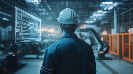 A worker in a hard hat observes advanced robotics and data displays in a high-tech industrial setting.