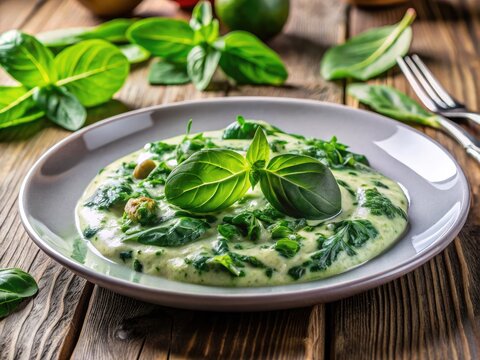 Fresh and Vibrant Rahmspinat Dish with Creamy Spinach Sauce and Garnished with Herbs on Plate