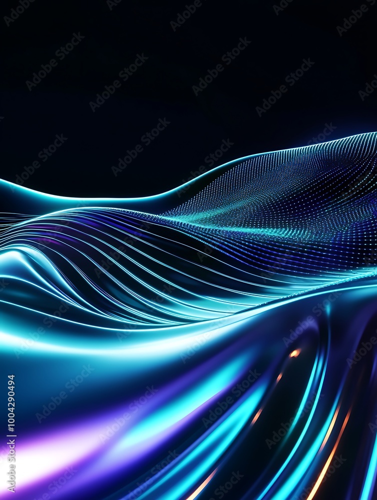 Poster abstract wave design with vibrant blue and purple colors on a dark background, creating a sense of f