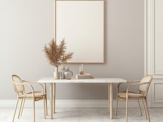 A white framed picture hangs on the wall