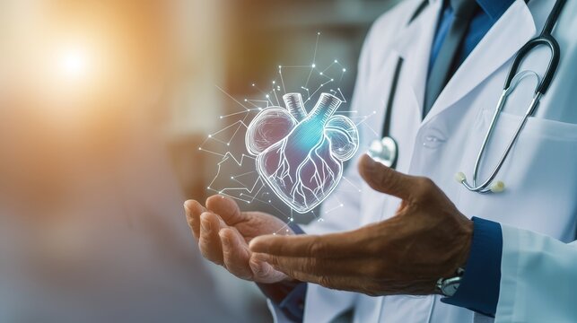 Doctor presenting heart health concept with digital visuals in hands.