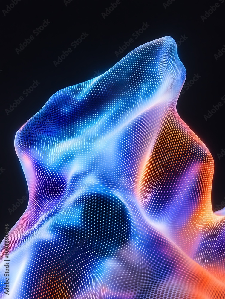 Poster abstract wave form in vibrant colors of blue, orange, and purple, creating a dynamic and futuristic 