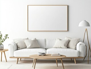A white couch with pillows and a coffee table in front of it