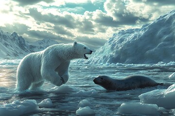 Naklejka premium A dramatic scene of a polar bear approaching a seal on icy terrain under a cloudy sky, showcasing nature's raw beauty.