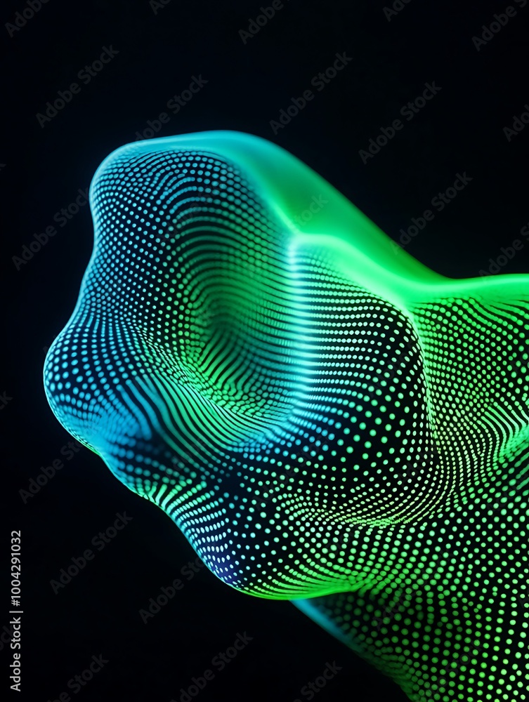 Poster abstract wave forms in vibrant green and blue against a dark background, illustrating motion and flu