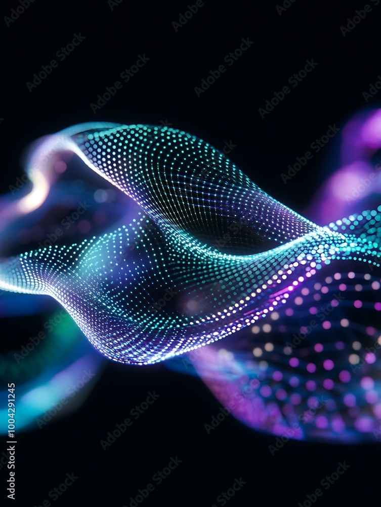 Poster abstract wave of colored dots on a dark background, representing digital data flow. a minimalist pos