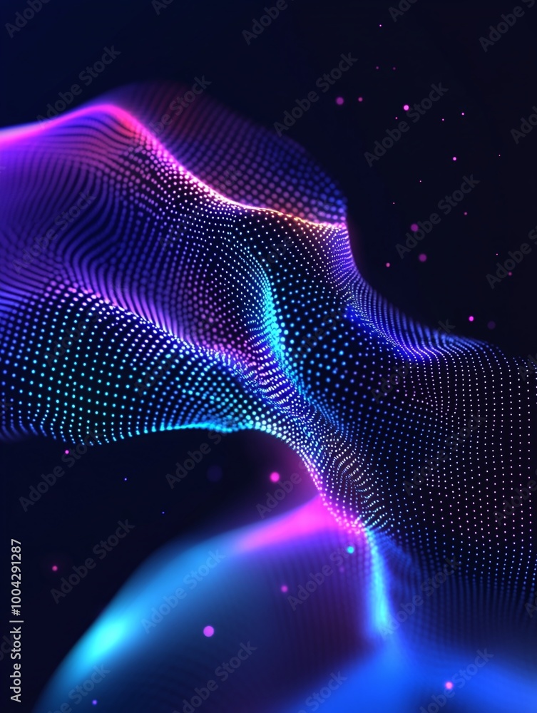 Poster abstract wave of colorful dots and light on a dark background, creating a mesmerizing visual experie