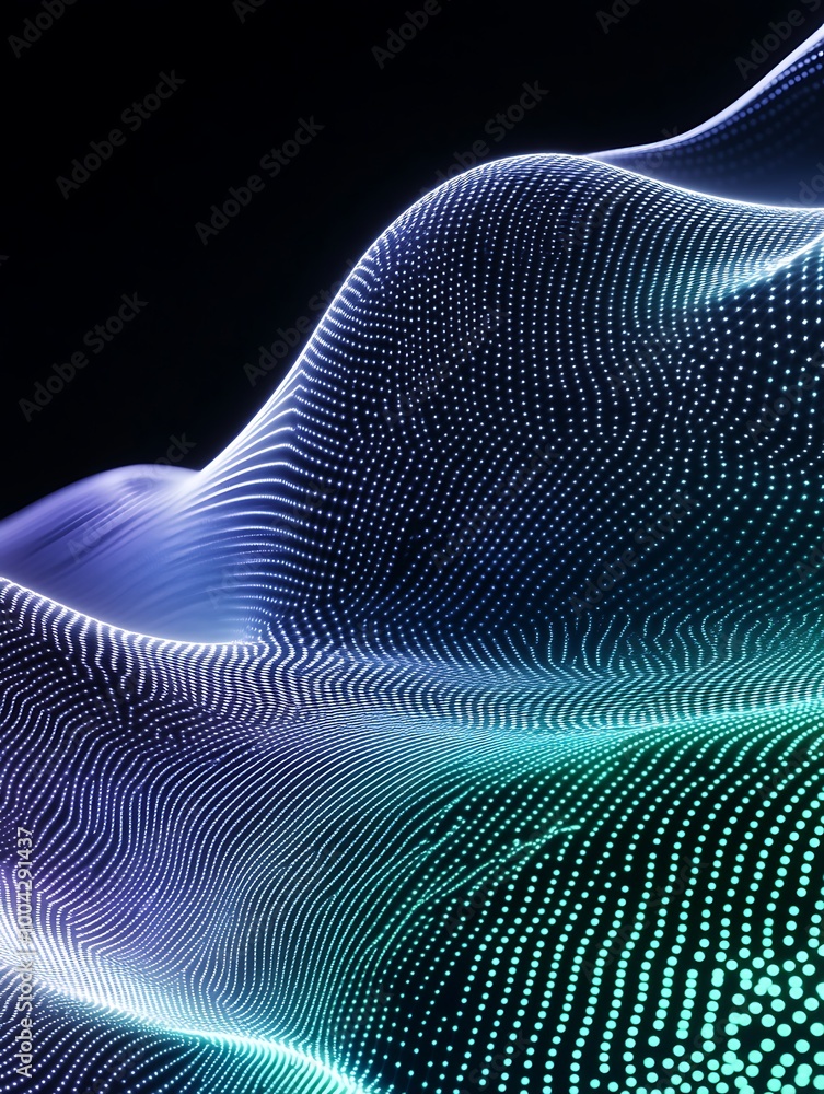 Poster abstract wave of colorful dots creating a mesmerizing pattern on a dark background. a minimalist pos