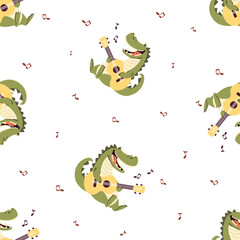 Flat vector illustration in children's style. Cute crocodile playing guitar. White background. Seamless vector pattern . Vector illustration