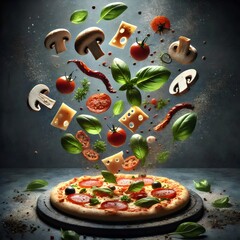 Floating pizza with mushrooms, cheese, basil, tomatoes, and peppers in a vibrant, surreal food scene