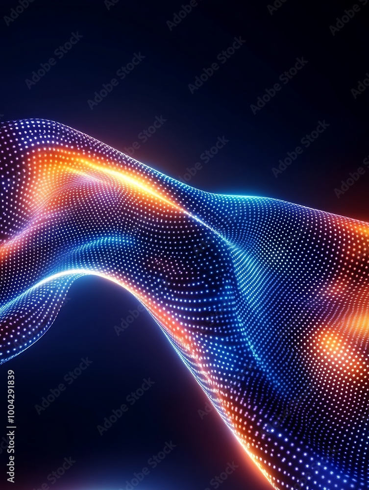 Poster abstract wave of colorful lights with dotted patterns on a dark background, creating a futuristic an
