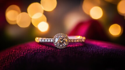 Fototapeta premium The dazzling diamond engagement ring showcases its brilliant centerpiece surrounded by delicate accent stones, set against a background of shimmering lights