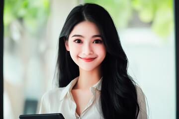 Fototapeta premium Portrait of a Smiling Young Woman with Tablet in Modern Setting