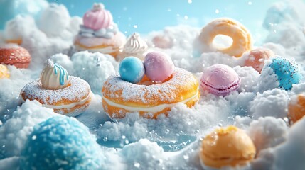 Colorful donuts and sweet treats nestled in fluffy clouds, creating a dreamy and whimsical dessert paradise.