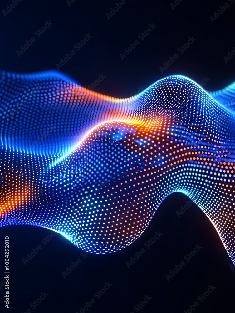 Poster abstract wave of glowing blue and orange light on a dark background, creating a dynamic and modern v