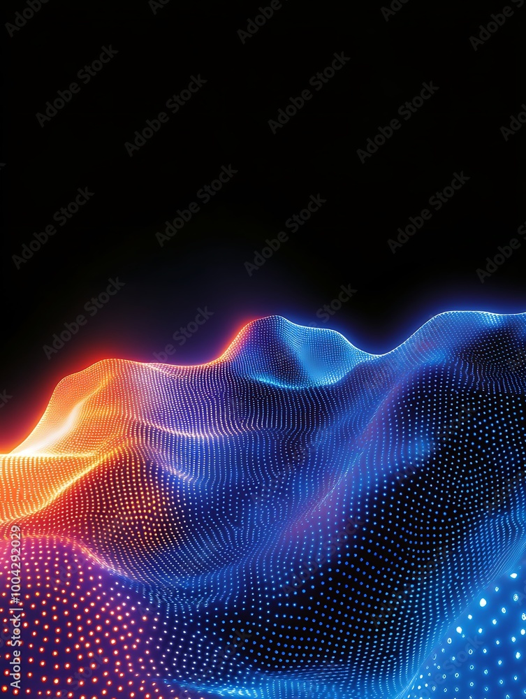 Poster abstract wave of glowing blue and orange particles against a black background, creating a sense of d