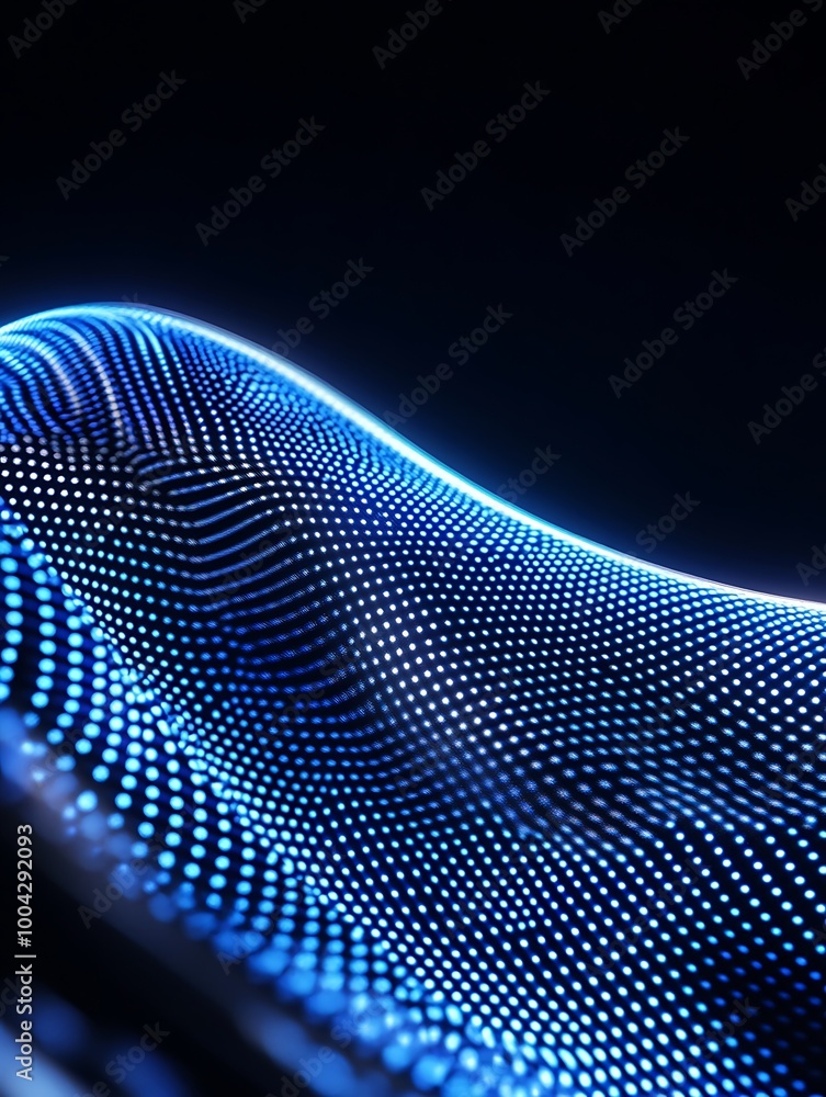 Poster abstract wave of glowing blue dots on a dark background, creating a visually stunning digital landsc