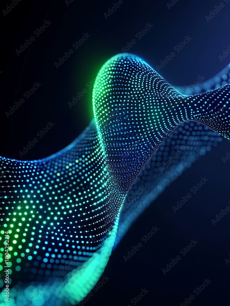 Poster abstract wave of glowing dots in vibrant colors on a dark background, representing digital innovatio
