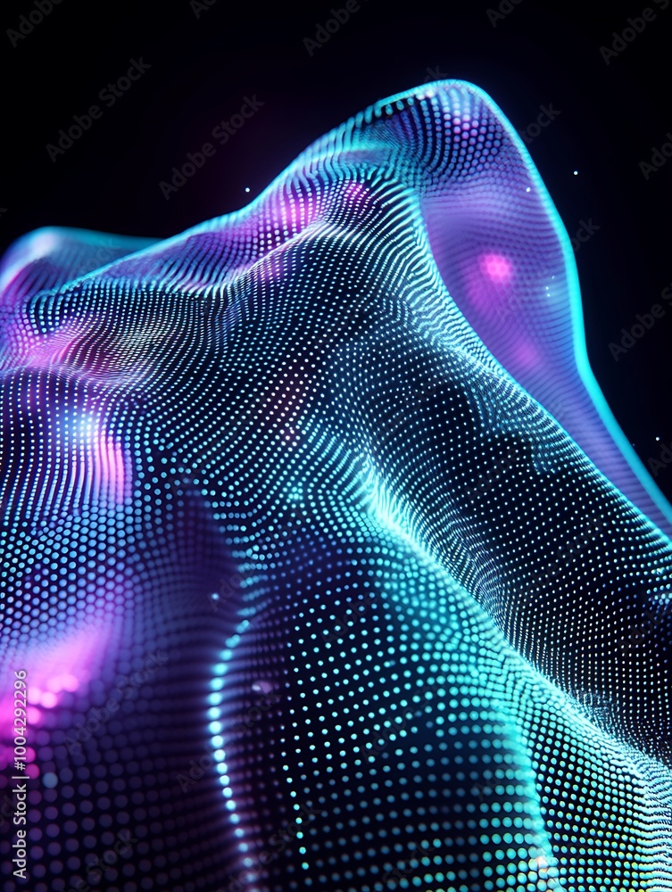 Poster abstract wave of glowing dots with vibrant colors on a dark background. a minimalist poster in metal