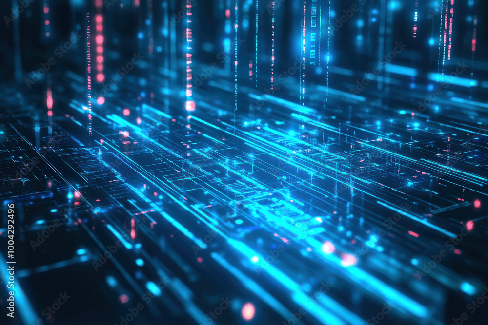 Poster a mesmerizing digital landscape filled with glowing blue and pink lines representing data in a futur