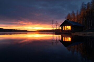 Fototapeta premium Cozy Rustic Cabin by Serene Lake at Sunset Surrounded by Lush Trees Perfect Retreat
