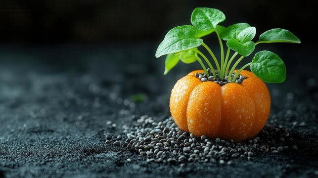 pumpkin with sprouting seeds on a black background emphasizing growth and potential creating a striking visual with ample space for text or design