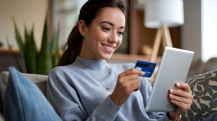 Obraz premium Happy woman on the couch shopping online at home in the living room. Happy young woman shopping online through digital tablet using credit card at home