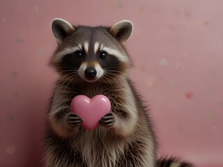 Obraz premium A raccoon holding a heart shaped object with a pink heart in the middle