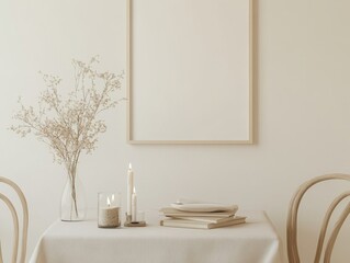 A table with a white tablecloth and a vase of flowers