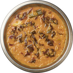 dal or lentil curry with red spinach isolated white background, wholesome dish with healthy recipe popular in south asia, close-up view taken straight from above