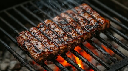 Juicy steak grilling with grill marks on barbecue