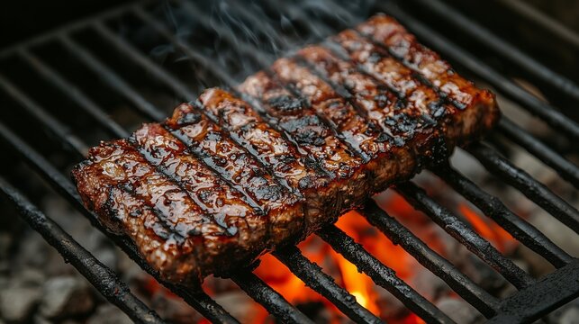 Juicy steak grilling with grill marks on barbecue