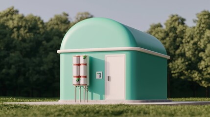 Modern utility building with a green dome, orange pipes, and white door.