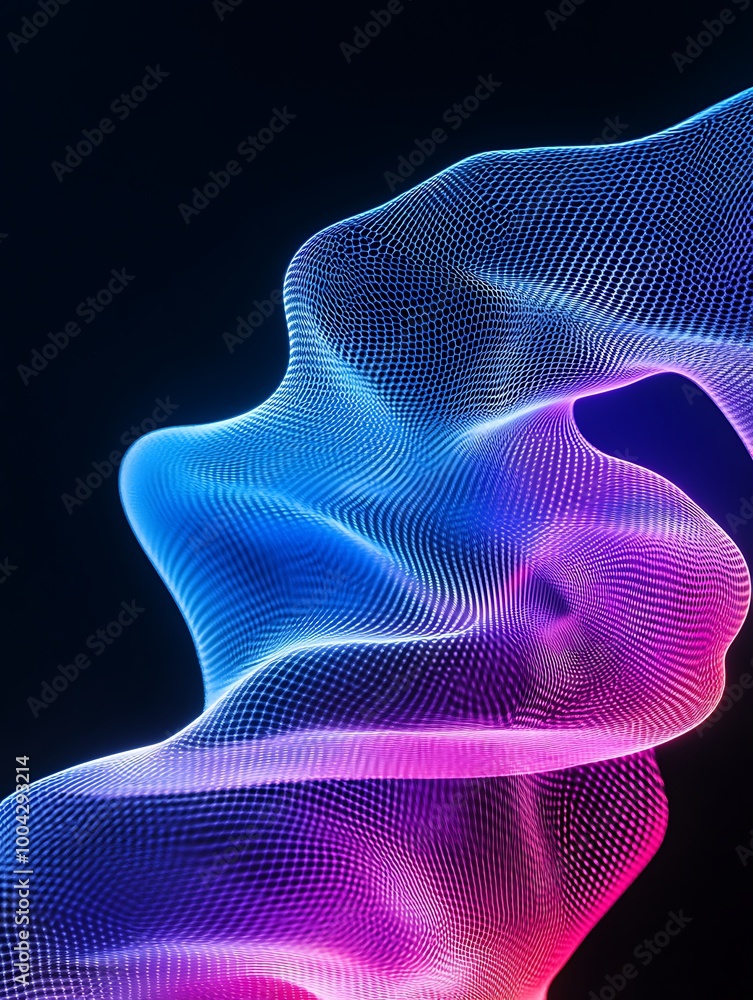 Poster abstract wave pattern in vibrant blue and pink colors against a dark background, creating a dynamic 