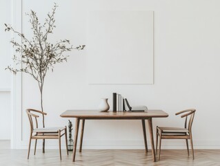 Fototapeta premium A white wall with a picture frame and a vase on a table