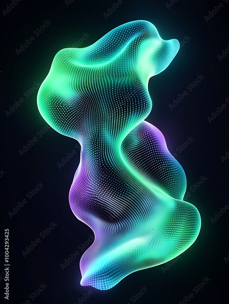 Poster abstract wave pattern in vibrant green and purple tones on a dark background. a minimalist poster in