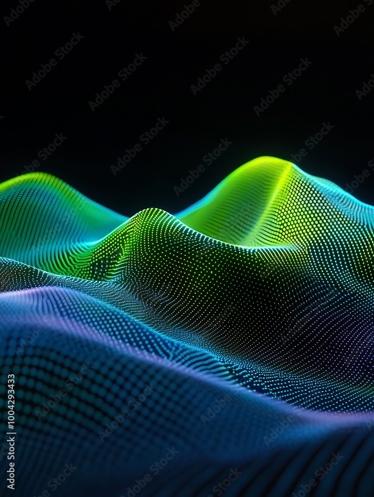 Poster abstract wave pattern in vibrant colors representing flow and movement on a dark background.