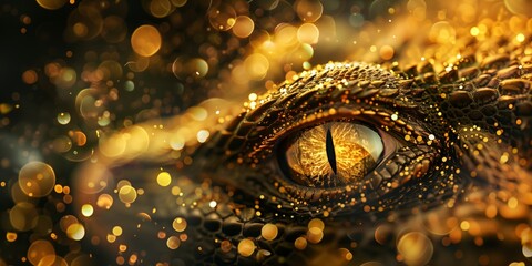 Abstract background with dragon eye and golden bokeh, dark backdrop, bright gold elements, festive mood.