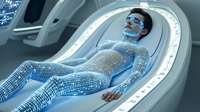 Man undergoing advanced body care treatment with futuristic ai-driven technology for cutting-edge innovation cosmetic