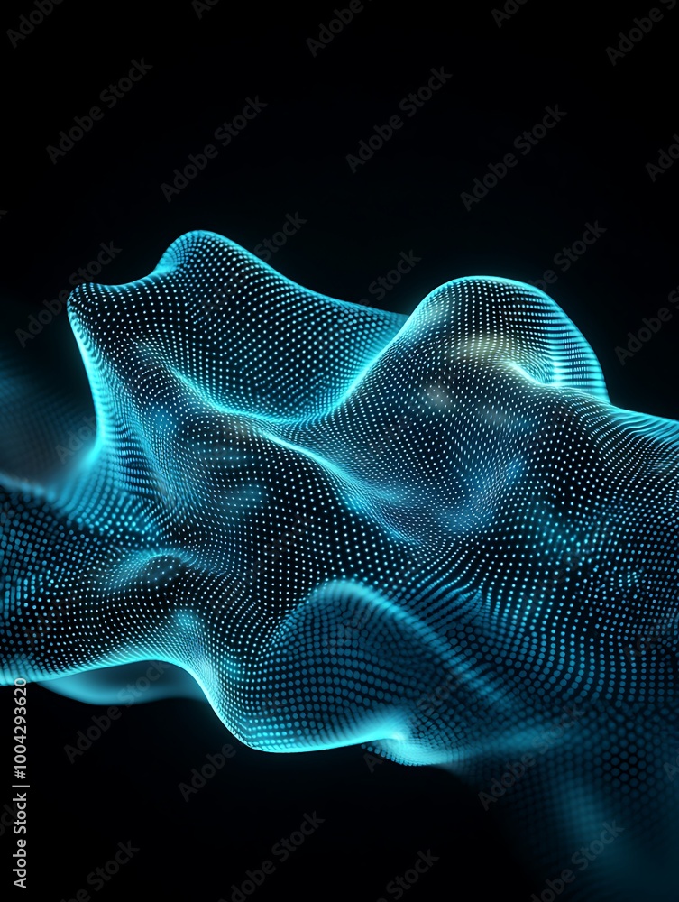 Poster abstract wave pattern with glowing blue dots on a dark background, perfect for technology and digita
