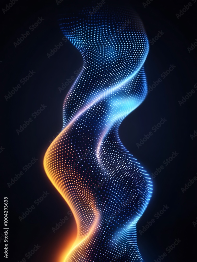Poster abstract wave pattern with glowing dots creating a dynamic and vibrant visual effect on a dark backg