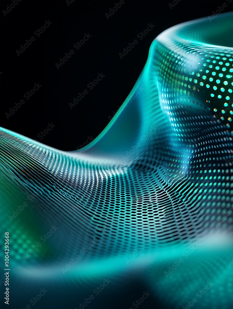 Poster abstract wave pattern with glowing dots in blue and green tones, creating a futuristic digital feel.