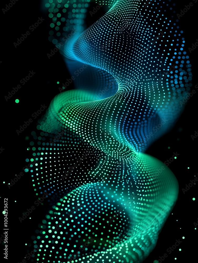 Poster abstract wave pattern with glowing dots in vibrant blue and green colors on a black background. a mi