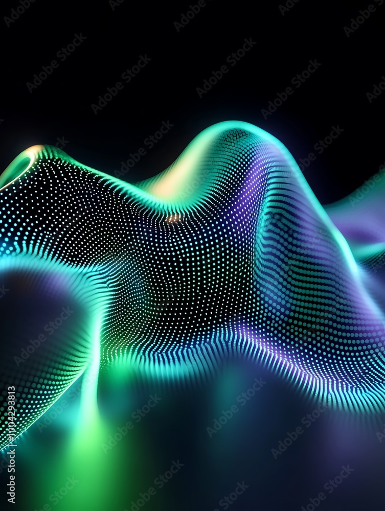 Poster abstract wave pattern with glowing neon colors on a dark background, creating a mesmerizing visual e