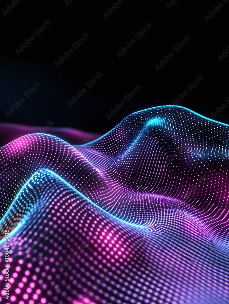 Poster abstract wave pattern with glowing purple and blue dots on a dark background, creating a dynamic and