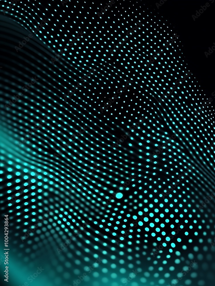 Poster abstract wave pattern with glowing turquoise dots on a dark background.